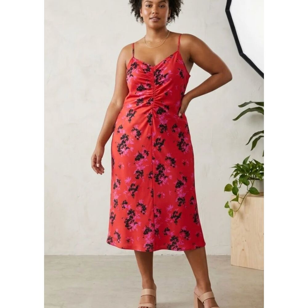NWT A New Day Red Floral Ruched Cami Midi Slip Dress XXL Satin Slip Dress